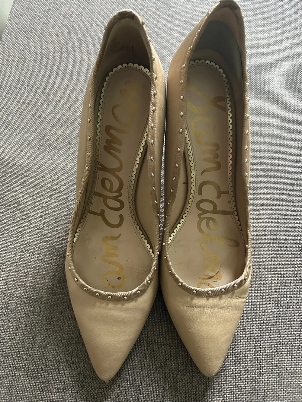 Sam Edelman Beige Pointed Leather Stud Heels
